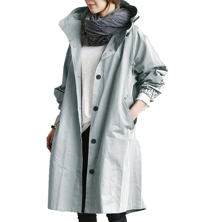 Versatile women's waterproof long trench coat, a stylish casual jacket for rain protection & outdoor fashion.