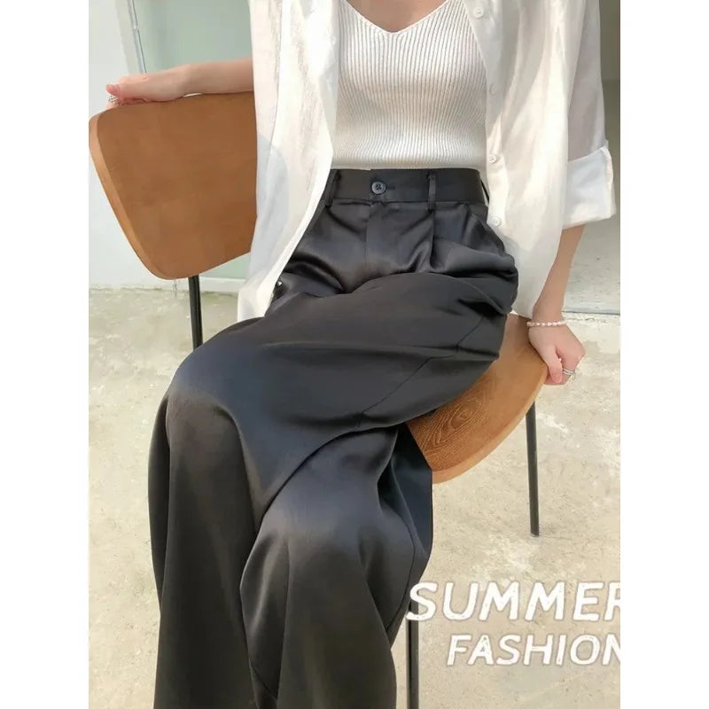 Trendy high waist wide leg casual pants for women, offering a stylish loose fit & full length design.