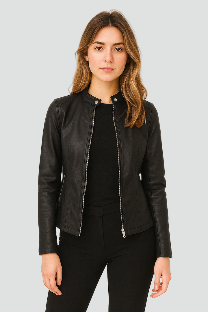 Stylish women's zip-front jacket, perfect for versatile everyday & evening wear. Modern tailored design.