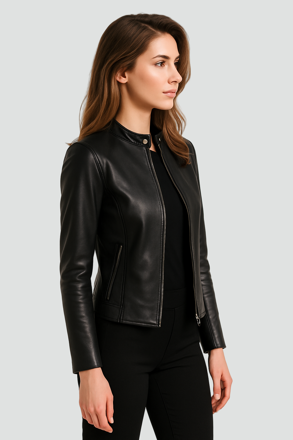 Chic ladies zip-front jacket, ideal for casual everyday outfits or elegant evening outerwear. All-season.