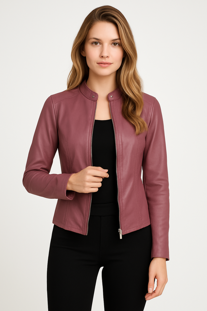 Elegant ladies zip-front jacket, a stylish outerwear choice for both everyday and special evening occasions.