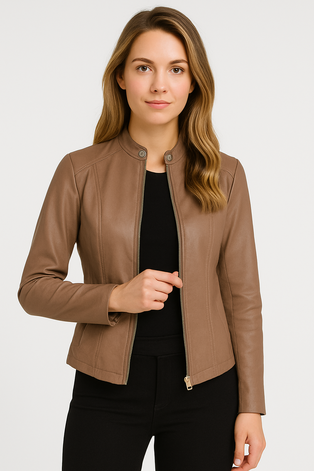 Stylish women's casual zip-front jacket, perfect for layering during everyday activities or evening events.