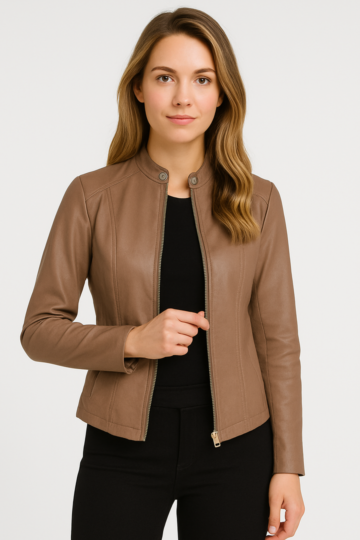 Stylish women's casual zip-front jacket, perfect for layering during everyday activities or evening events.