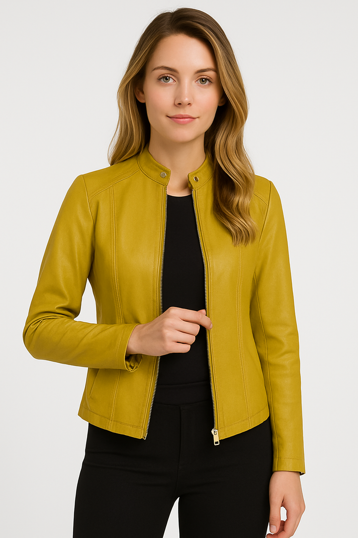 Modern women's outerwear: a chic zip-front jacket designed for versatile everyday and sophisticated evening style.