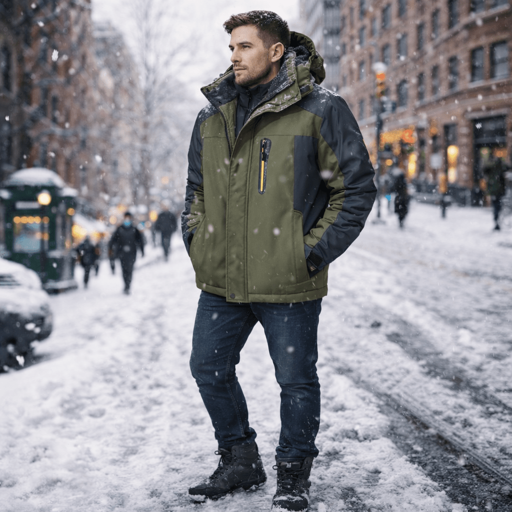 Close-up of Men's functional winter coat: Durable, waterproof & windproof fabric, ideal for cold weather activewear & outdoor gear.