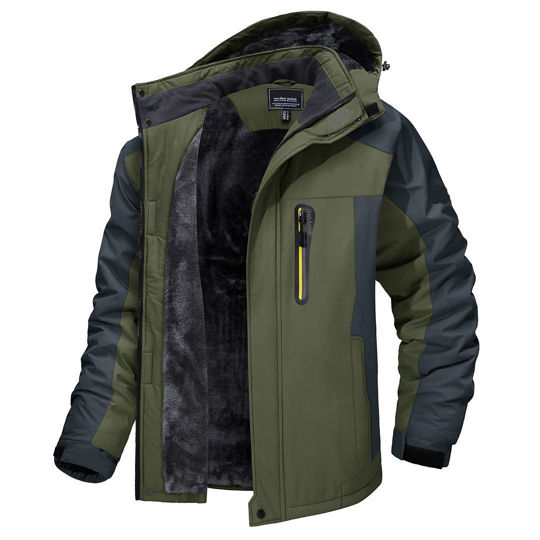 Man hiking in SUMMITWEAR winter coat: Functional, all-weather men's jacket for trekking, outdoor adventures & cold weather protection.