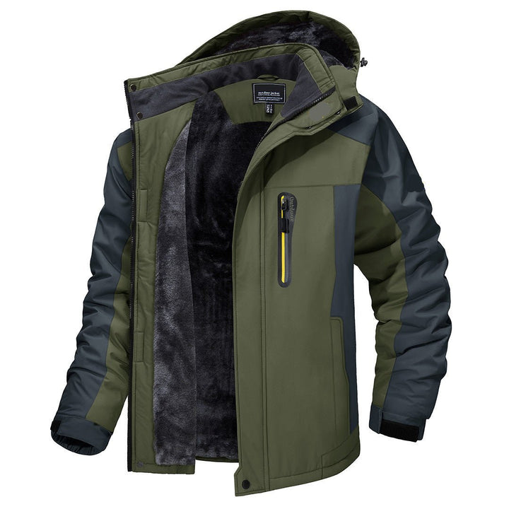 Man hiking in SUMMITWEAR winter coat: Functional, all-weather men's jacket for trekking, outdoor adventures & cold weather protection.
