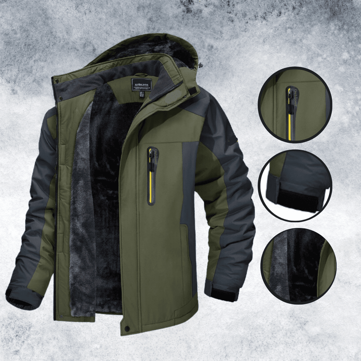 Man commuting in city with winter coat: Stylish SUMMITWEAR men's jacket, perfect for urban wear, daily commute & all-weather protection.