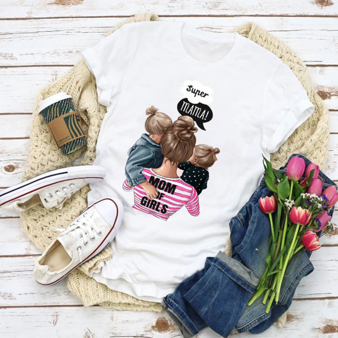 Close-up of 'Super Mama' and 'Super Girl' graphic on matching mother daughter short-sleeve t-shirts