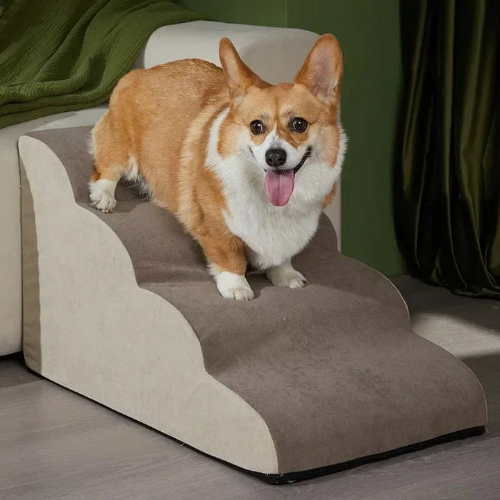 Anti-slip, washable memory foam pet stairs for small dogs, providing secure access.