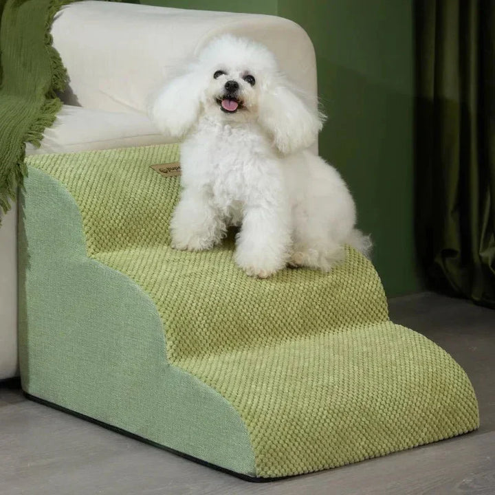 Supportive memory foam dog stairs for small & elderly pets, anti-slip & washable cover.