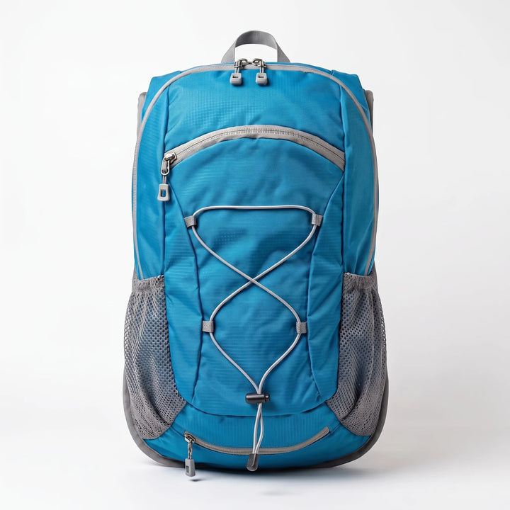 Front view of a tactical hiking backpack with multiple compartments, MOLLE webbing, and heavy-duty zippers.