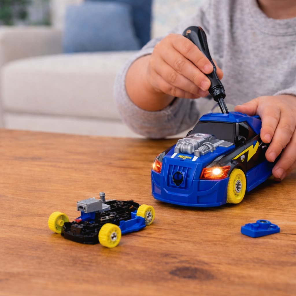 Take-apart toy car for kids with interchangeable parts, lights, and sounds, promoting motor skills.