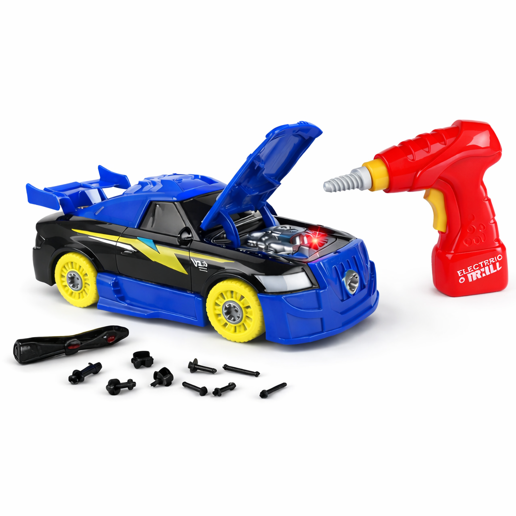 Interactive take-apart car toy for toddlers and kids, featuring realistic lights, sounds, and building fun.