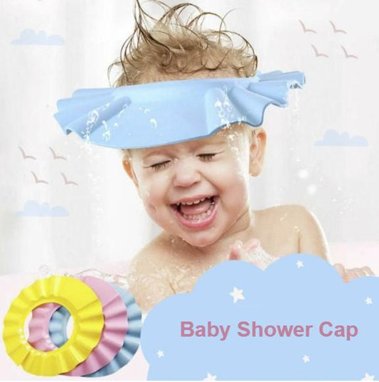 Tear-free baby shower cap with adjustable fit for gentle eye & ear protection during bath time.