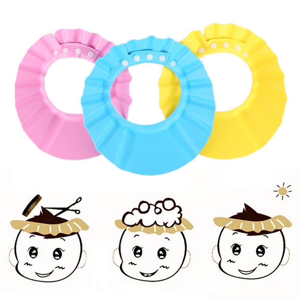 Adjustable baby shower cap to prevent shampoo & water from irritating baby's eyes & ears during bath.