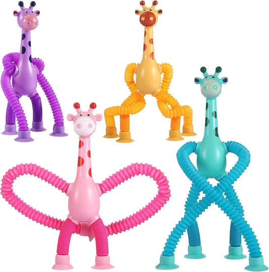 Telescopic giraffe fidget toy stretching, yellow and orange, for kids and adults, sensory play.