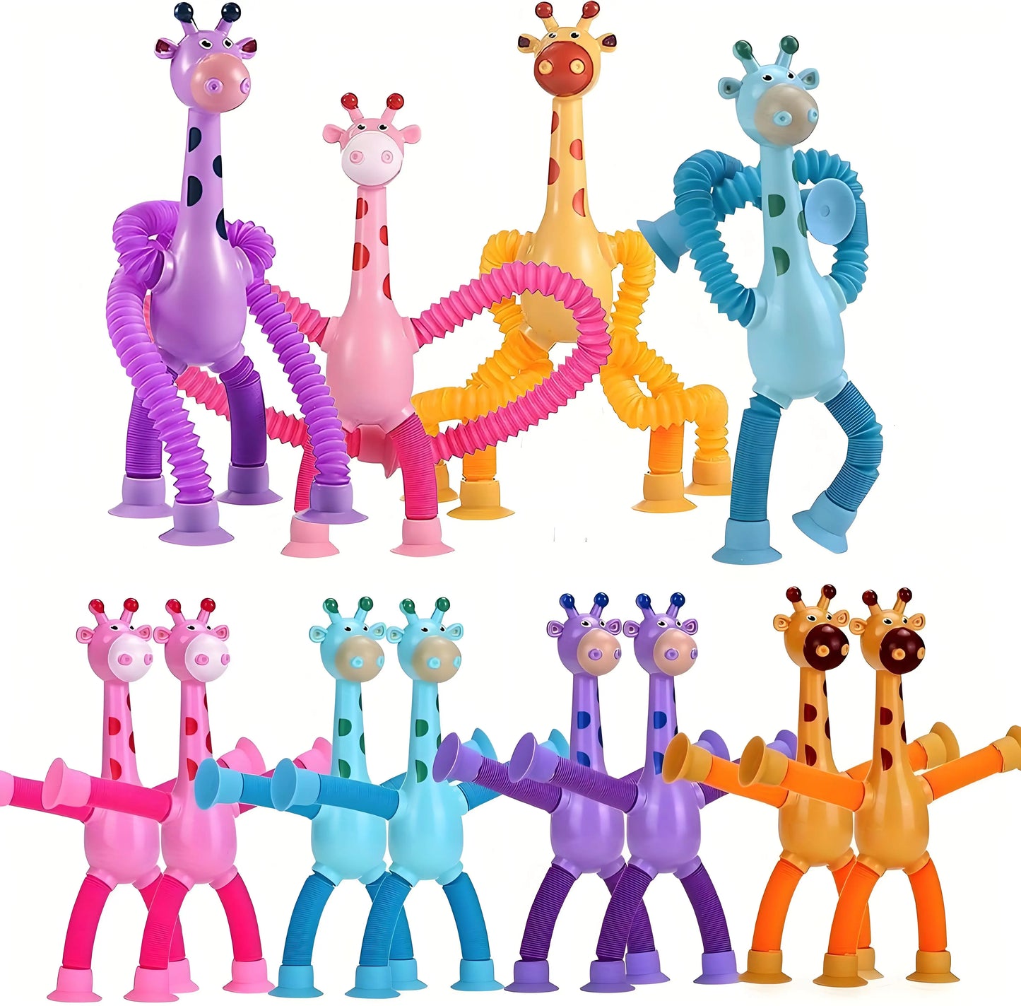 Telescopic giraffe fidget toy set, a playful and stretchable toy for all ages, plastic construction.