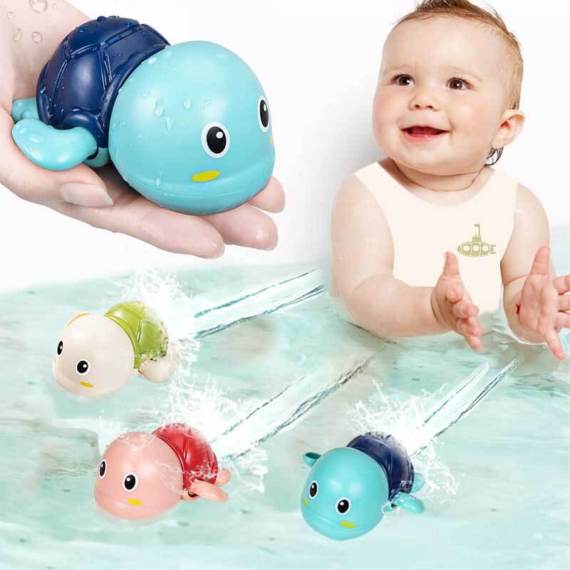 Three colorful swimming turtle bath toys, wind-up for water play, perfect for babies and toddlers.