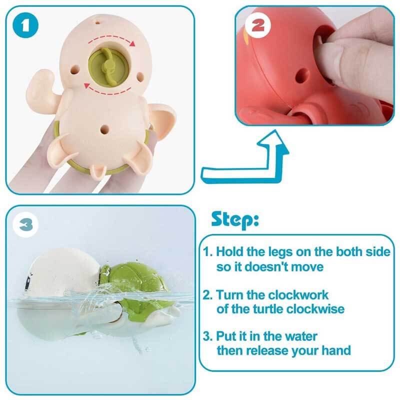 Yellow and blue swimming turtle bath toys splashing in water, engaging toddler non-toxic gifts.