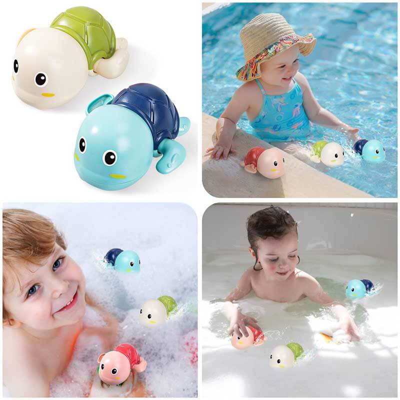 Baby's hand reaching for a floating red swimming turtle bath toy, fun for water play time.
