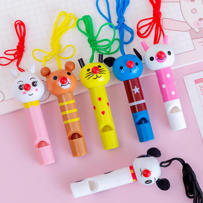 Three Kids Rainbow Animal Party Whistles in assorted colors, perfect for children's birthdays & party favors, close-up festive fun