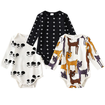 Three-pack long sleeve baby onesies with cute patterns for newborn boys and girls, 100% cotton.