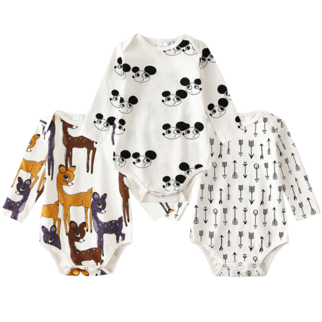 Unisex baby 3-pack long sleeve onesies featuring playful pattern prints, soft cotton infant wear.