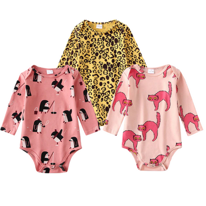Baby boys and girls' 3-pack long sleeve onesies with assorted pattern prints, comfortable cotton romper.