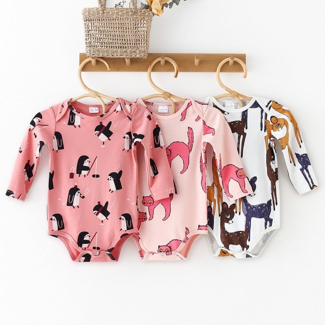 Newborn infant wear: long sleeve pattern print 3-pack cotton onesies for baby boys and girls fashion.