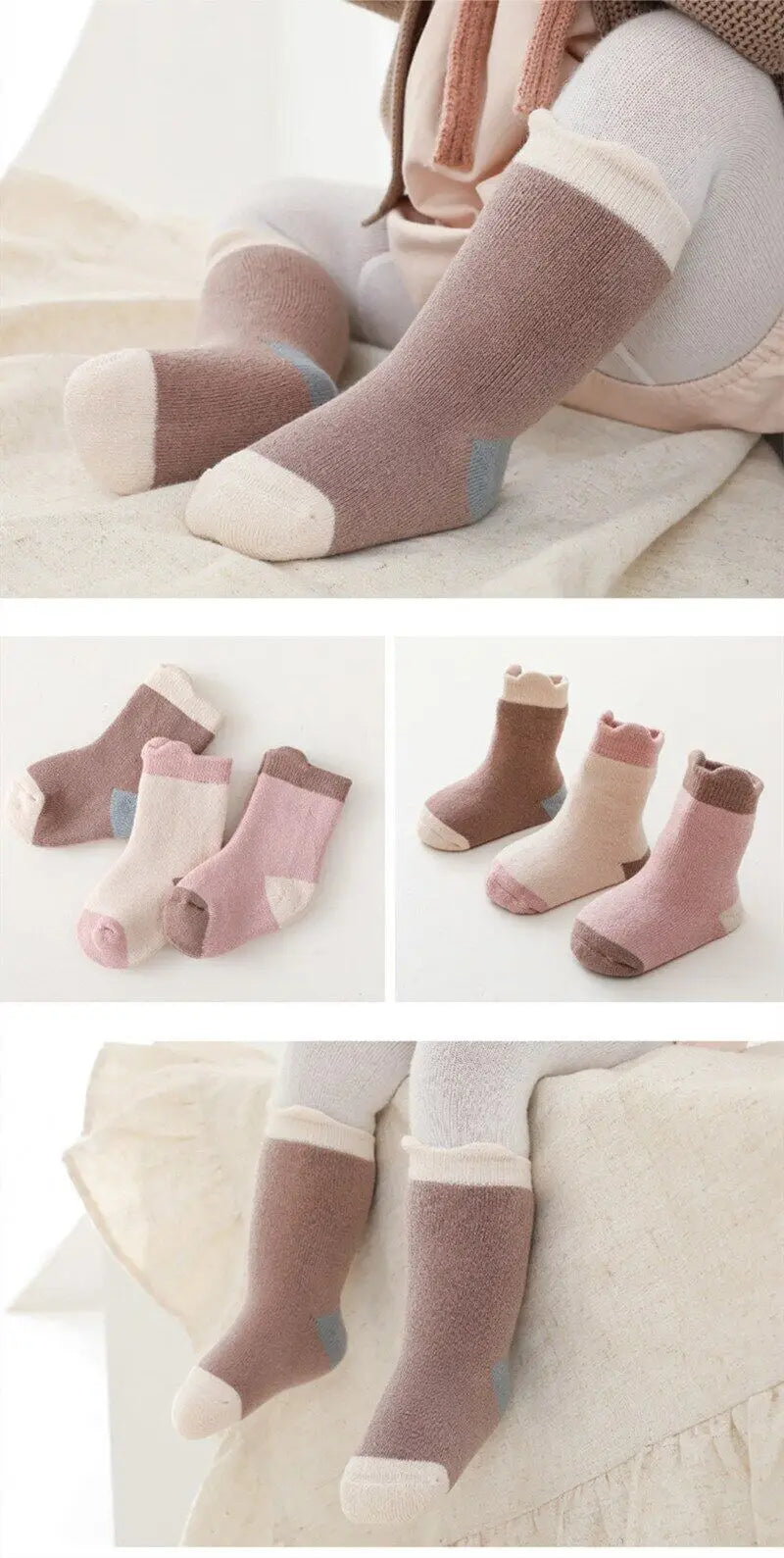 Cute and warm cotton blend baby socks in a triple pack, ideal for autumn and winter months