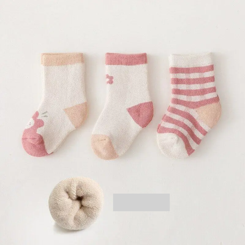 Adorable baby socks in blue, pink, and grey, thick and warm for autumn-winter, kids fashion
