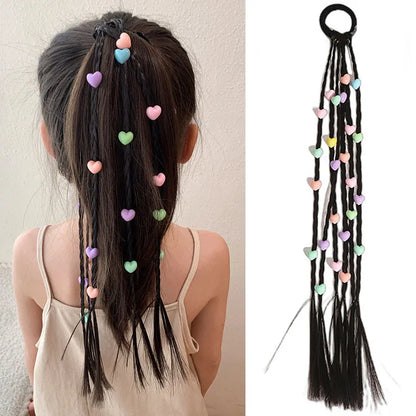 Hair charms for girls: little flower and heart beads on an elastic for clip-in ponytails