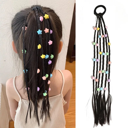Girl's hair clip with flower and heart beads, designed as a ponytail elastic accessory