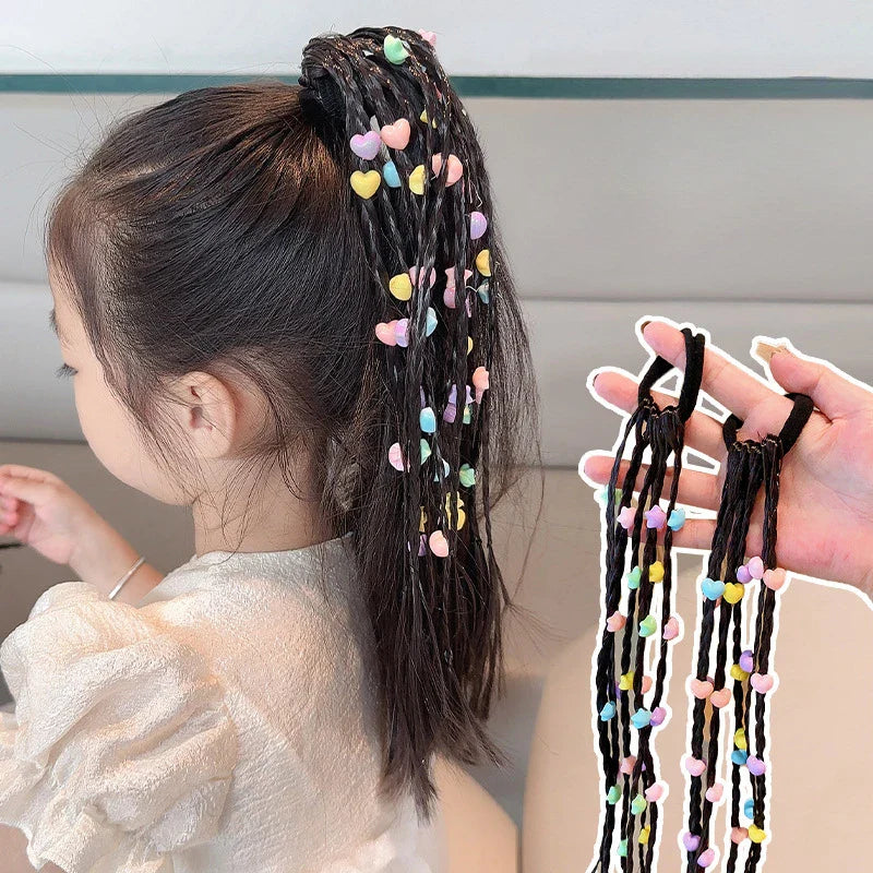 Girls' ponytail clip-in with colorful flower and heart design hair beads on an elastic band