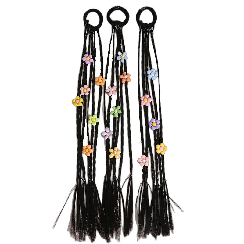 Children's hair jewelry: flower and heart themed hair beads on an elastic for ponytails