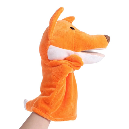 Kids hands playing with TinyTales plush animal finger puppets, promoting imaginative and educational fun.