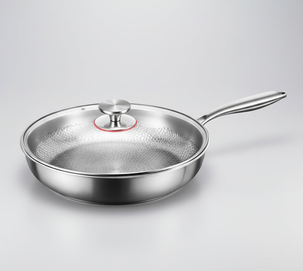 Titanium hammered non-stick skillet, professional induction cookware for superior kitchen results.