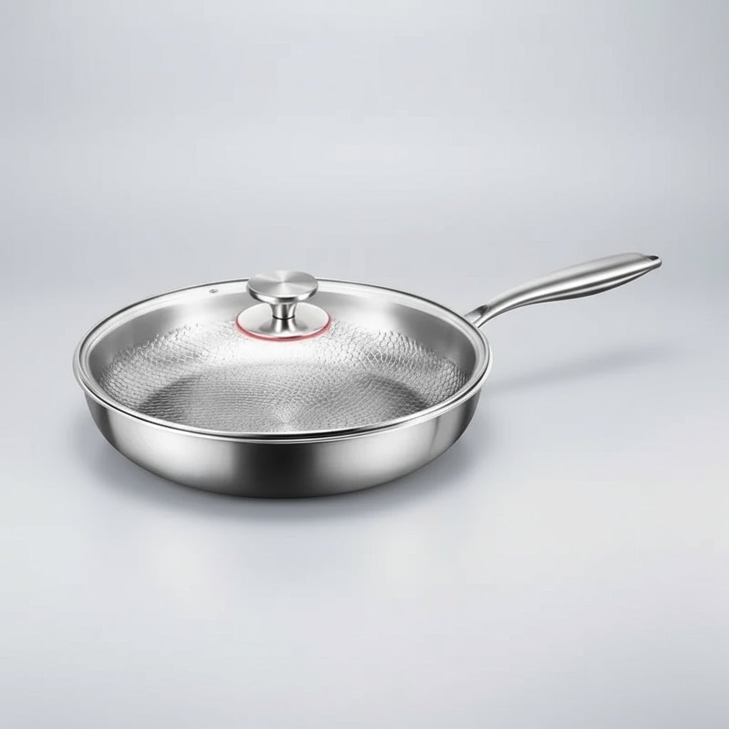 Heavy-duty non-stick skillet with a beautiful hammered titanium finish, ideal for induction hobs.