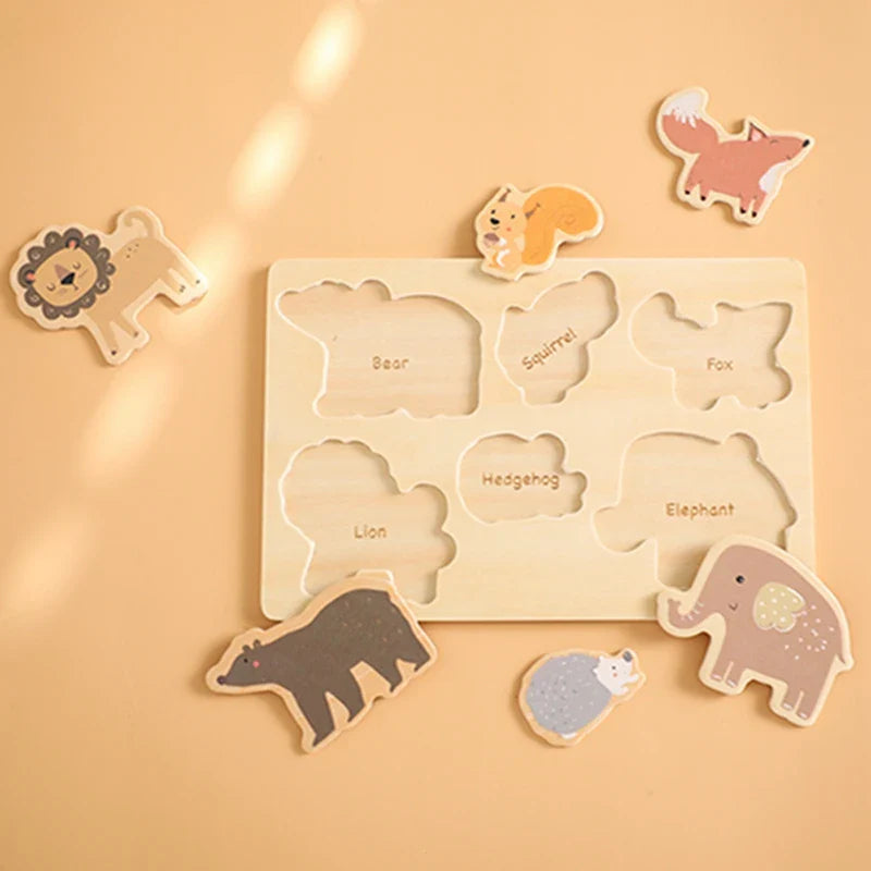 Toddler montessori wooden puzzle illustrating various animals, an educational matching toy.