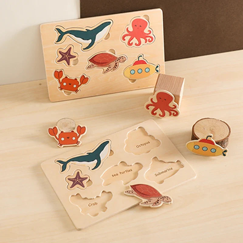 3D wooden puzzle featuring ocean creatures, designed for toddler early learning & fine motor skills.