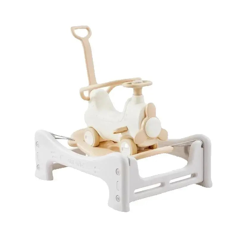 Toddler 5-in-1 rocking horse and activity center. Multi-functional ride-on, trampoline, balance board, push car for motor skills.