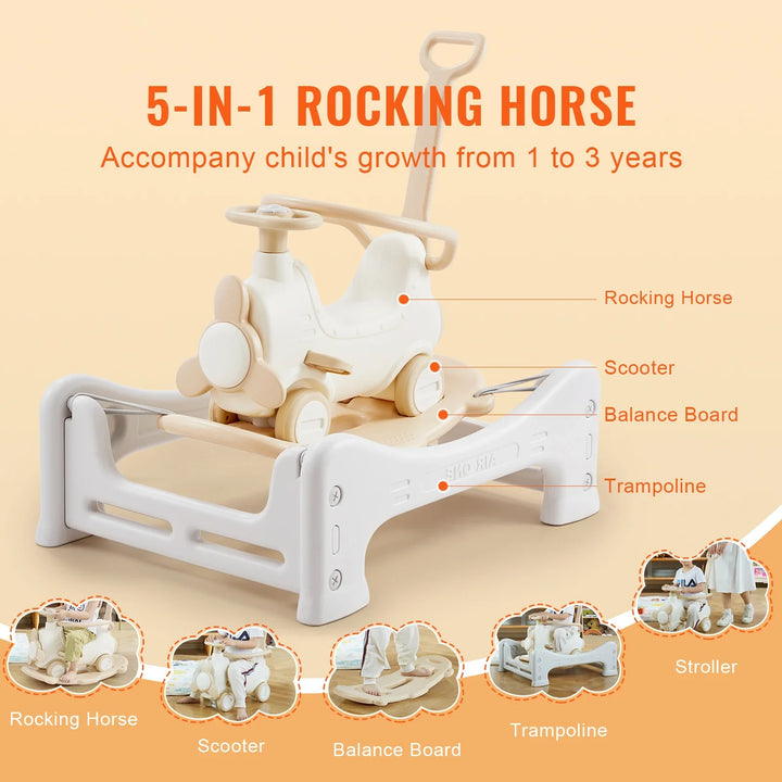 Safe HDPE toddler rocking horse with secure handles for early development & motor skills. Indoor/outdoor play.