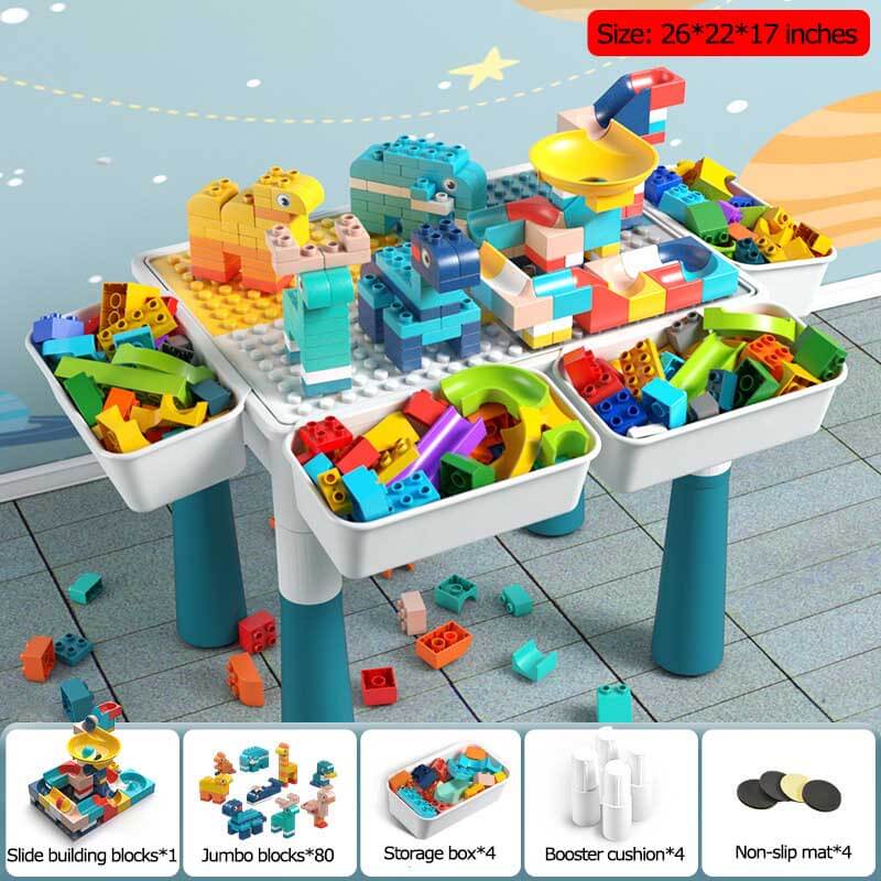Kids building blocks play set featuring a white activity table and two matching chairs, ideal for young children.