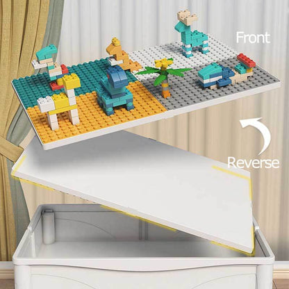 Children's activity table and chair set in a play area, showcasing built-in storage for building blocks and toys.
