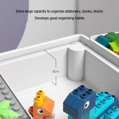 Educational toy: a versatile kids activity table with two chairs and colorful building blocks for creative play.