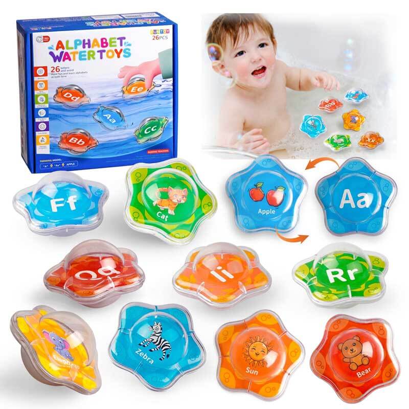 Toddler alphabet learning bath toys for babies with colorful floating letters A-Z and numbers 0-9 in bathtub