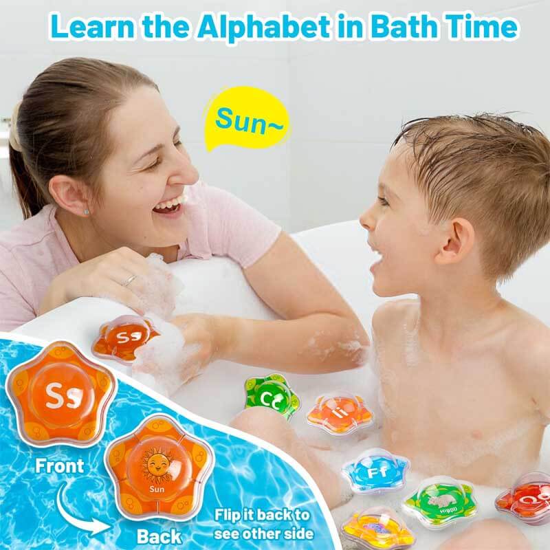 Baby playing with educational alphabet bath toys, sticking letter 'B' to the tub wall during water play time