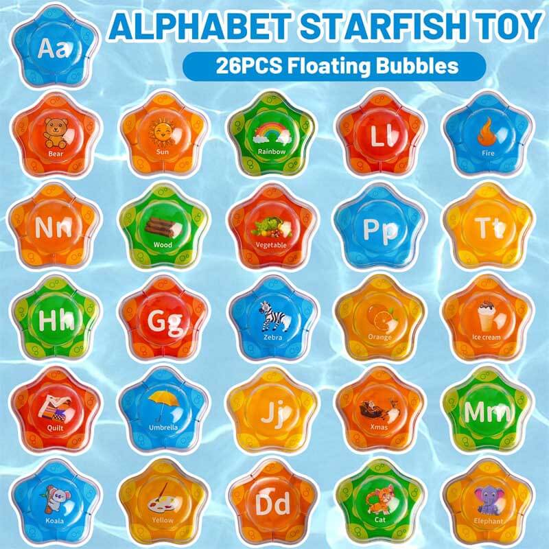 Educational baby bath toys: floating alphabet letters, fish, and storage bag for toddler water play