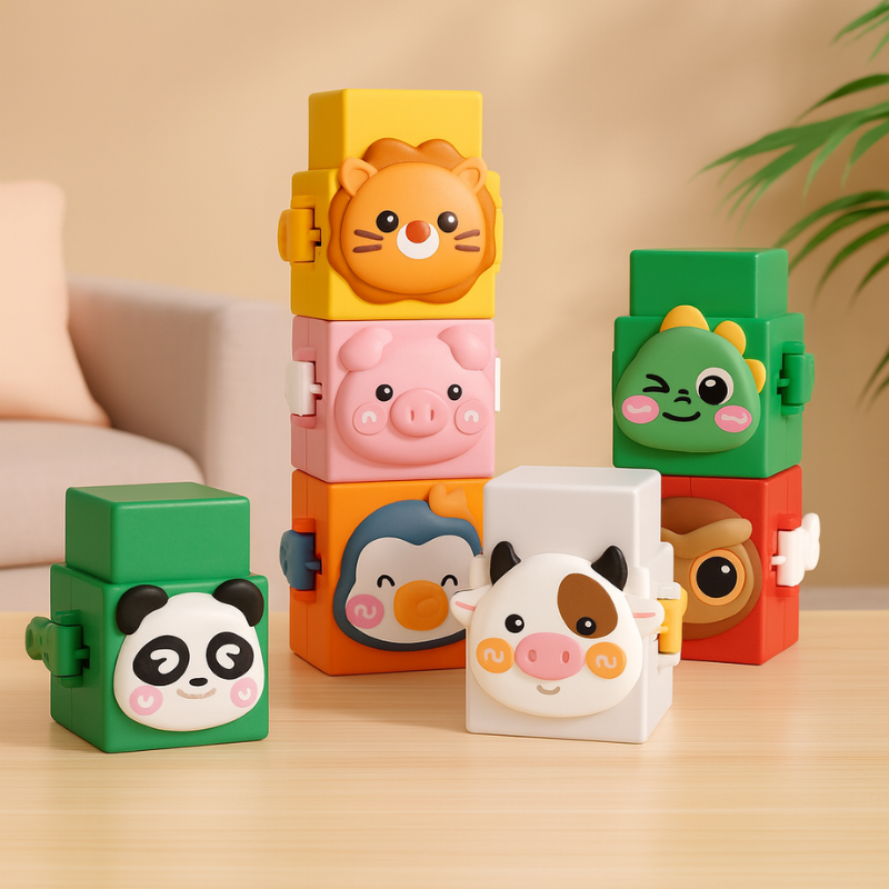 Toddler animal stacking building blocks set with colorful wooden safari animals for preschool learning, ages 1-3